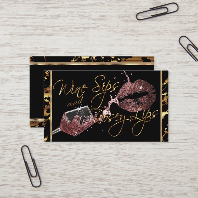 Wine Sips and Rosey Lips - Dusty Rose - Marble Business Card (Front/Back In Situ)