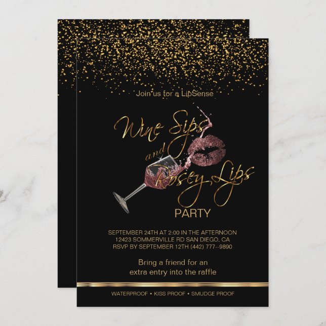 Wine Sips and Rosey Lips Lipsense Party Invitation (Front/Back)