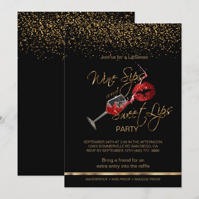 Wine Sips and Sweet Lips Lipsense Party Invitation (Front/Back)