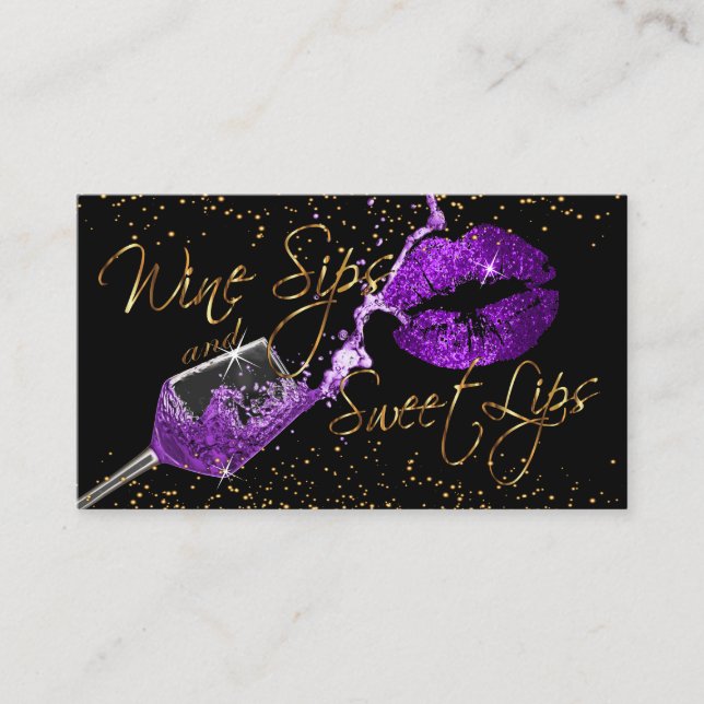 Wine Sips and Sweet Lips - Purple Business Card (Front)