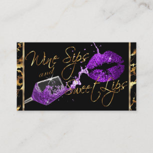 Wine Sips and Sweet Lips - Purple - Marble Business Card