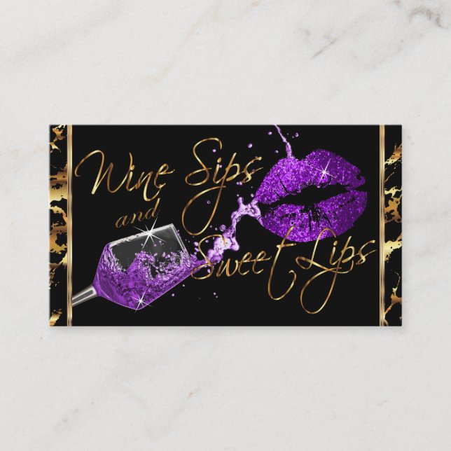 Wine Sips and Sweet Lips - Purple - Marble Business Card (Front)