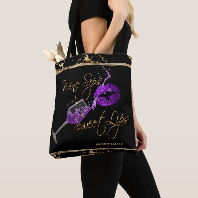 Wine Sips and Sweet Purple Lips - Marble Tote Bag (Close Up)