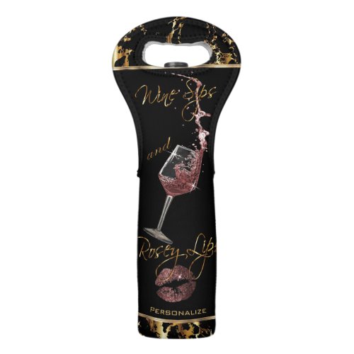 Wine Sips and Sweet Rosey Lips _  Gold Marble Wine Bag