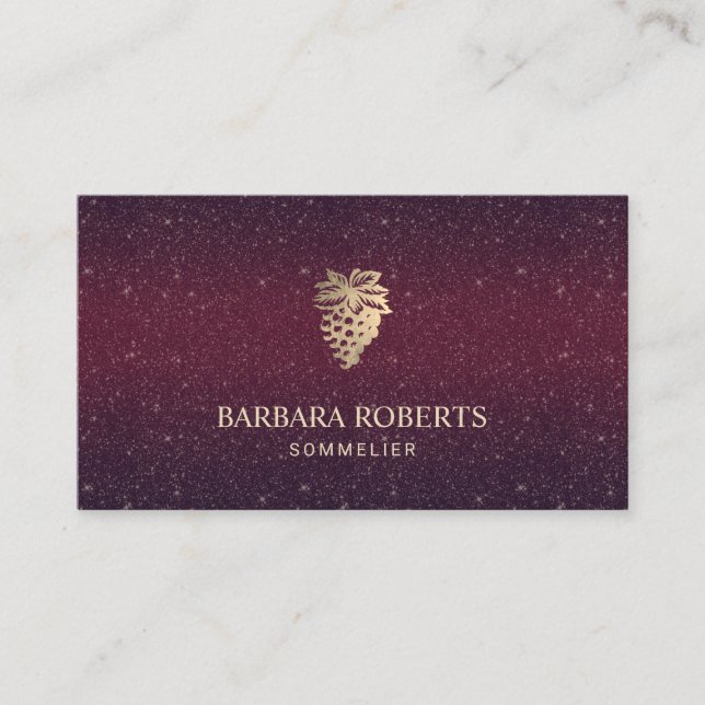 Wine Sommelier Gold Grapes Logo Burgundy Glitter Business Card (Front)