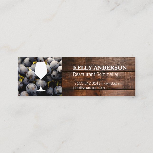Wine Sommelier | Wood | Wine Grapes Mini Business Card (Front)