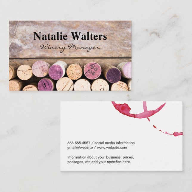 Wine Stain | Corks on Wooden Table Business Card (Front/Back)