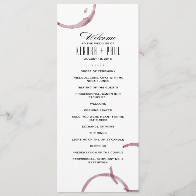 Wine Stains Winery Vineyard Ceremony Program (Front)