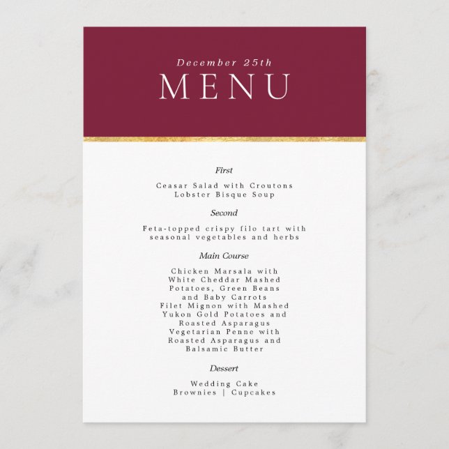 Wine Stylish Gold foil Wedding modern Menu  (Front)