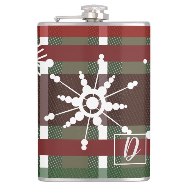 Wine Sweater Plaid Initial Snowflake Christmas   Flask (Front)