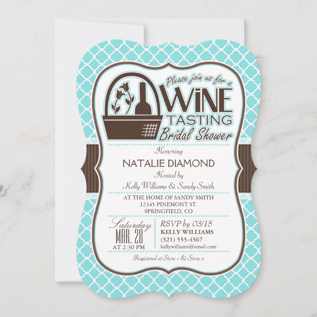 Wine Tasting; Aqua Quatrefoil Bridal Shower Invitation (Front)