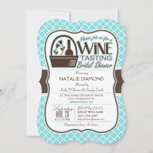 Wine Tasting Aqua Quatrefoil Bridal Shower Invitation