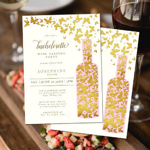 Wine Tasting Bachelorette Party Butterflies Gold Invitation