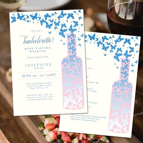 Wine Tasting Bachelorette Weekend Butterflies Blue Invitation