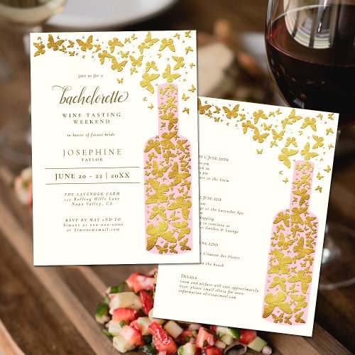 Wine Tasting Bachelorette Weekend Butterflies Gold Invitation