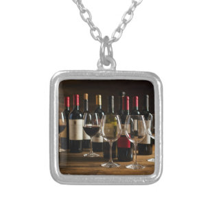 Wine Tasting Bottles and Wine Glass Souvenir Silver Plated Necklace