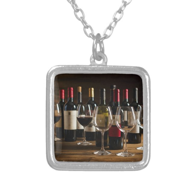Wine Tasting Bottles and Wine Glass Souvenir Silver Plated Necklace (Front)