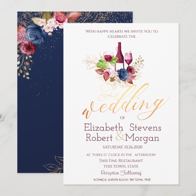 Wine Tasting Burgundy Flowers Navy Blue Wedding  Invitation (Front/Back)