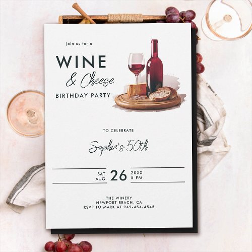 Wine Tasting Cheese Winery Modern 50th Birthday Invitation