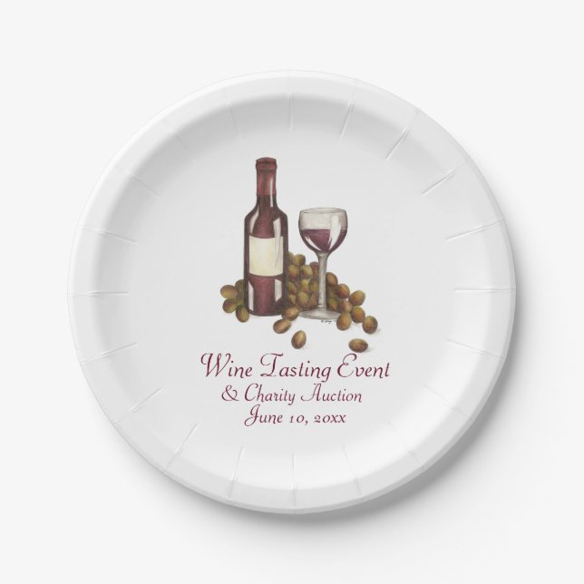 Wine Tasting Cocktail Party Bottle Glass Grapes Paper Plates (Front)