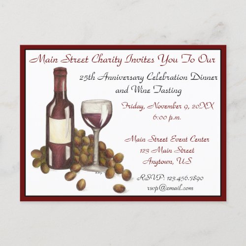 Wine Tasting Cocktail Party Grapes Bottle Glass Invitation Postcard