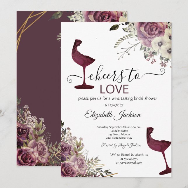 Wine Tasting Floral Burgundy Bridal Shower  Invitation (Front/Back)