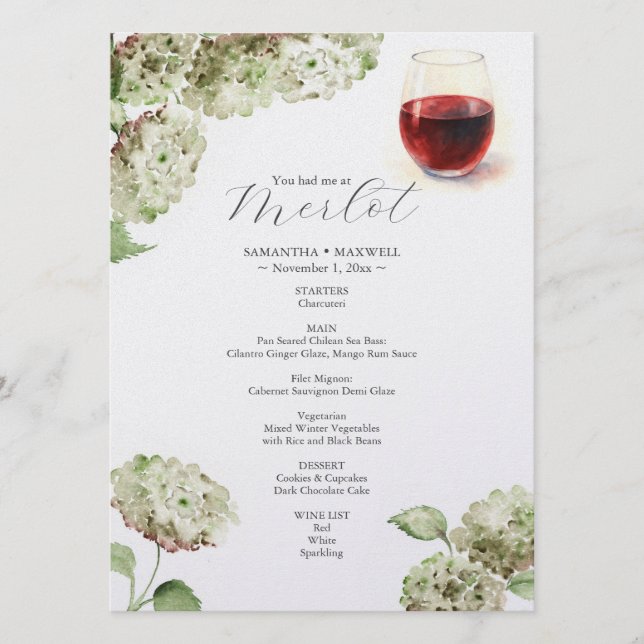 Wine Tasting Food Menu | Hydrangeas (Front)