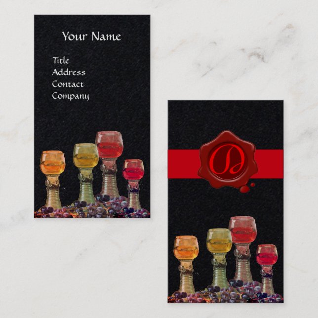 WINE TASTING GLASSES,RED WAX SEAL MONOGRAM Black Business Card (Front/Back)