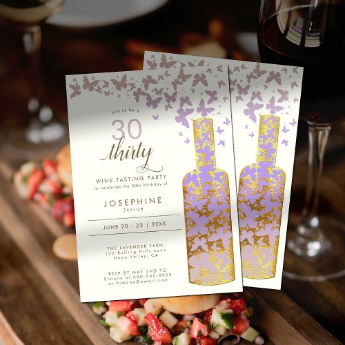 Wine Tasting Gold Boho Butterflies 30th Birthday Invitation