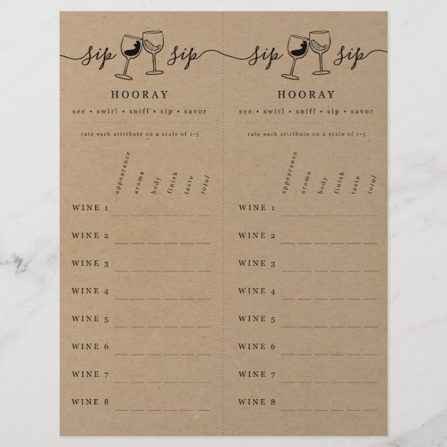 Wine Tasting Rating Scorecard on Faux Kraft Letter Letterhead (Front)