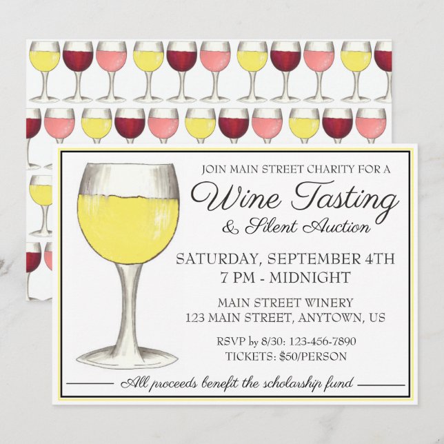 Wine Tasting White Wine Glass Winery Event Invitation (Front/Back)