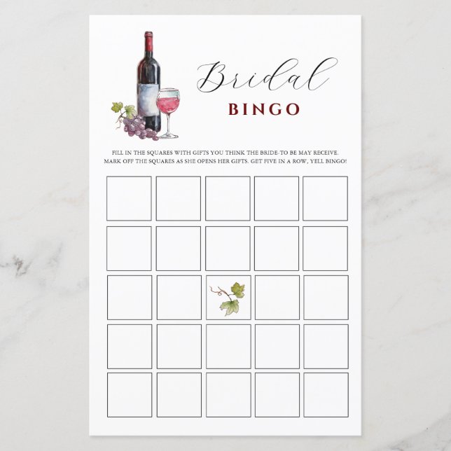 Wine Theme Bridal Bingo  Shower games (Front)