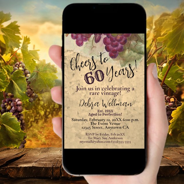 Wine Themed 60th Birthday Watercolor Grapes Invitation (Creator Uploaded)