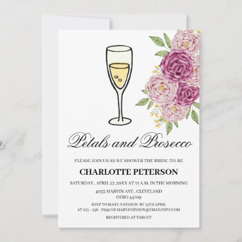 Wine Themed Petals and Prosecco Bridal Shower  Invitation