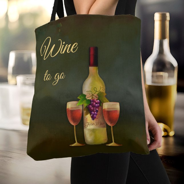 Wine to Go Cute Classic Art Tote Bag (Tote bag featuring a classic original painting of a wine bottle with glasses on dark green)
