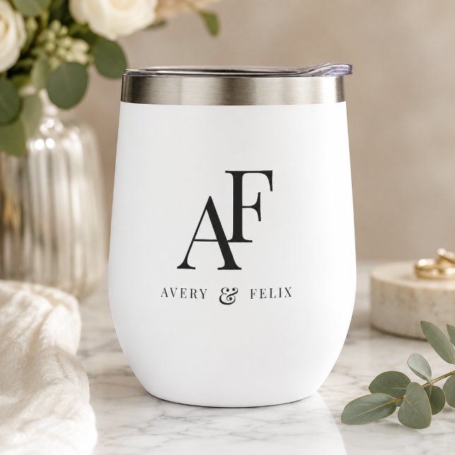 Wine Tumbler | Custom Wedding Monogram Favor Gift (Personalized wedding monogram thermal wine tumbler for couples toasts and gift giving.)