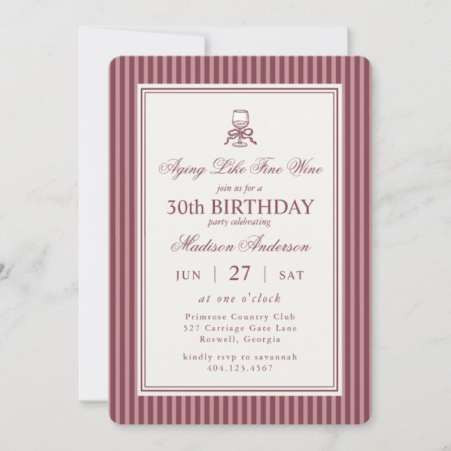 Wine Vineyard Club Old Money Striped Red Birthday Invitation (Front)
