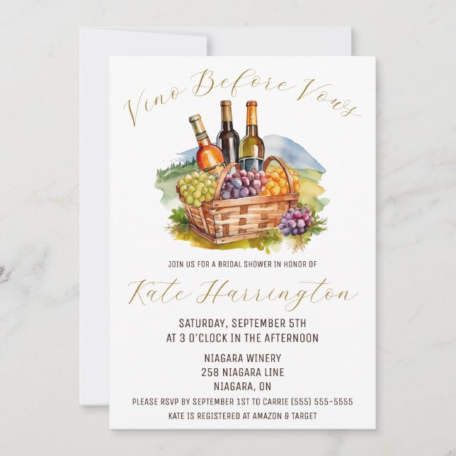 Wine, Vino Before Vow, Winery Bridal Shower Invitation (Front)