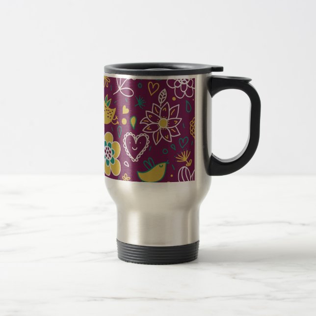 Wine Whimsical Birds and Flowers Travel Mug (Right)