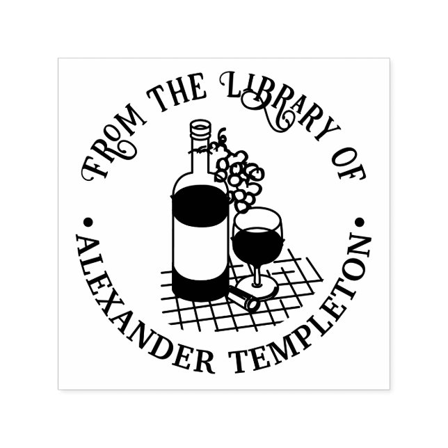 Wine, Wine Bottle, Bunch of Grapes Library Book Self-inking Stamp (Design)