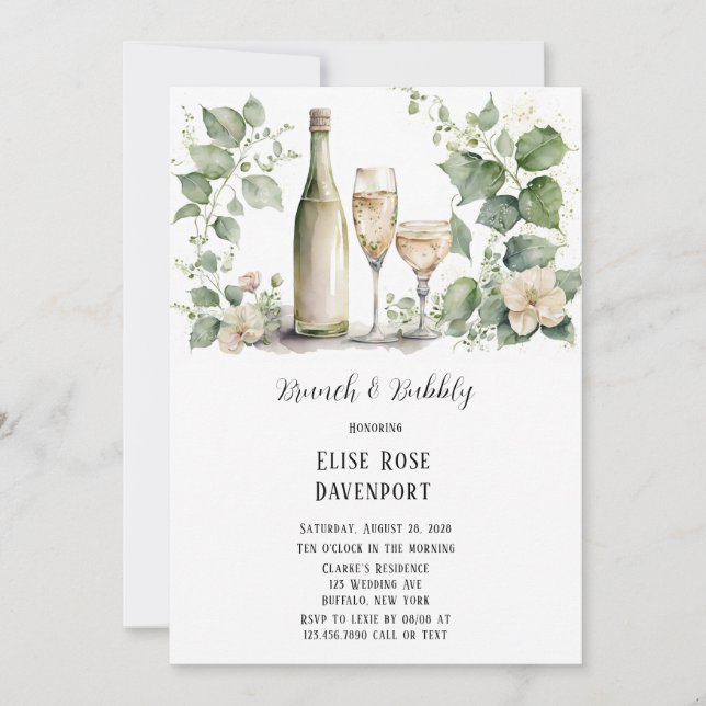 Wine & Wine Glass Greenery Floral Brunch & Bubbly Invitation (Front)