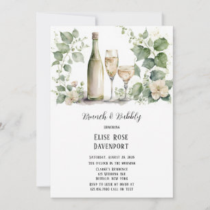Wine & Wine Glass Greenery Floral Brunch & Bubbly Invitation