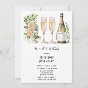 Wine & Wine Glass Greenery Floral Brunch & Bubbly Invitation