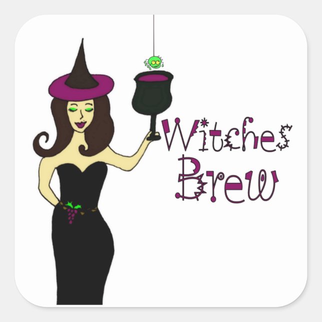 Wine Witch "Witches Brew" Halloween Wine Square Sticker (Front)
