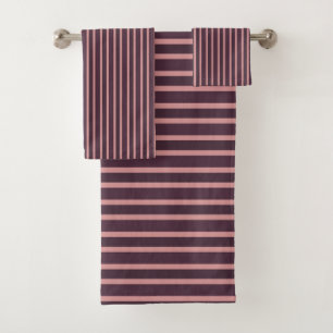 Wineberry, pink daisy and Woody Brown Stripes Bath Towel Set