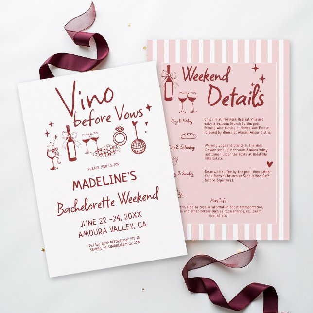 Winery Bachelorette Wine Tasting Stripes Itinerary Invitation (winery bachelorette party invitation wine tasting girls trip weekend burgundy red pink stripes napa )