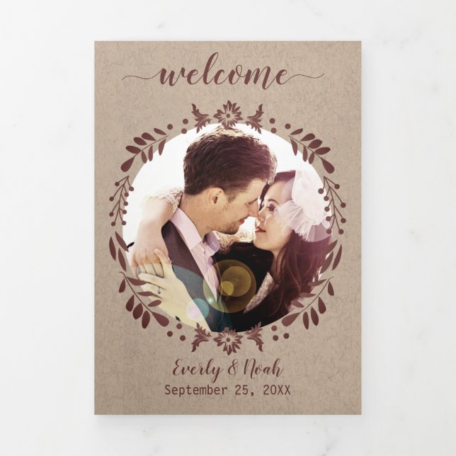 Winery Burgundy Wreath Wedding Photo Itinerary Tri-Fold Invitation (Cover)