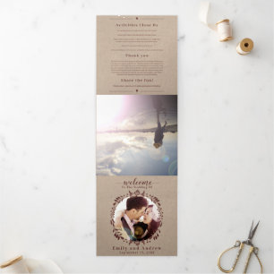 Winery Burgundy Wreath Wedding Photo Itinerary Tri-Fold Invitation