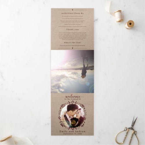 Winery Burgundy Wreath Wedding Photo Itinerary Tri_Fold Invitation