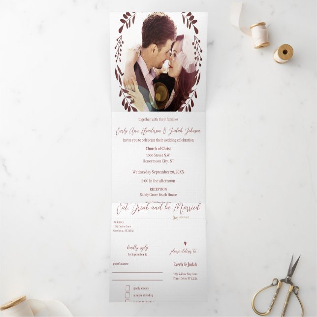Winery Deep Burgundy Red Floral Wreath Wedding Tri-Fold Invitation (Inside)